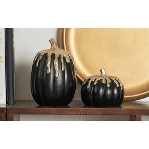 Black and Gold Pumpkins Decoration Art Deco Fall Modern Decor, 2 PCS Resin